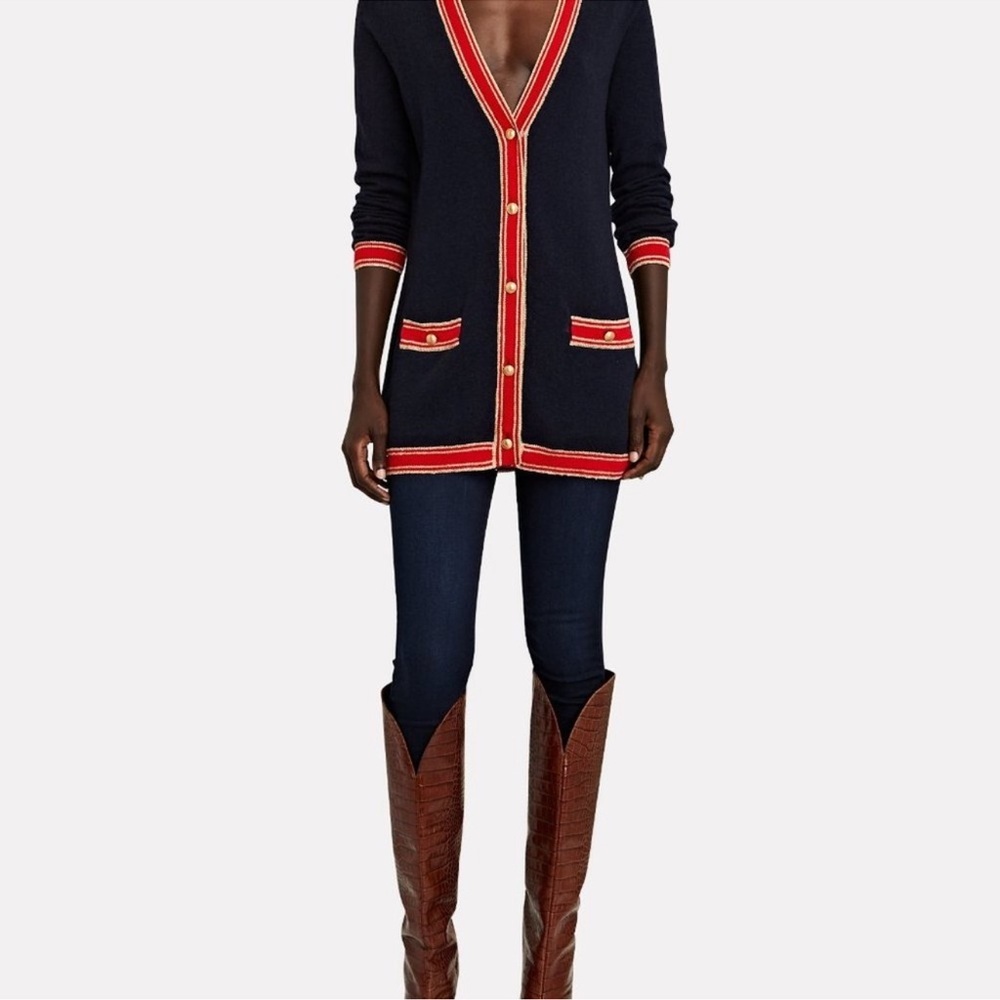 NWT L’Agence Wool Cashmere Ariel Navy Red Gold Cardigan Sparkle Metallic Holiday - Picture 4 of 13